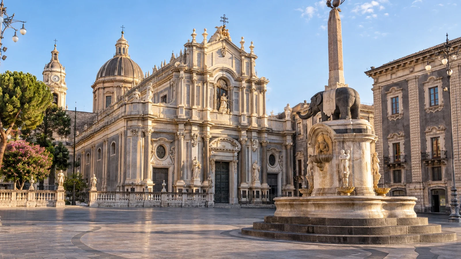 Catania Cathedral and lava-stone Elephant Fountain in Piazza del Duomo