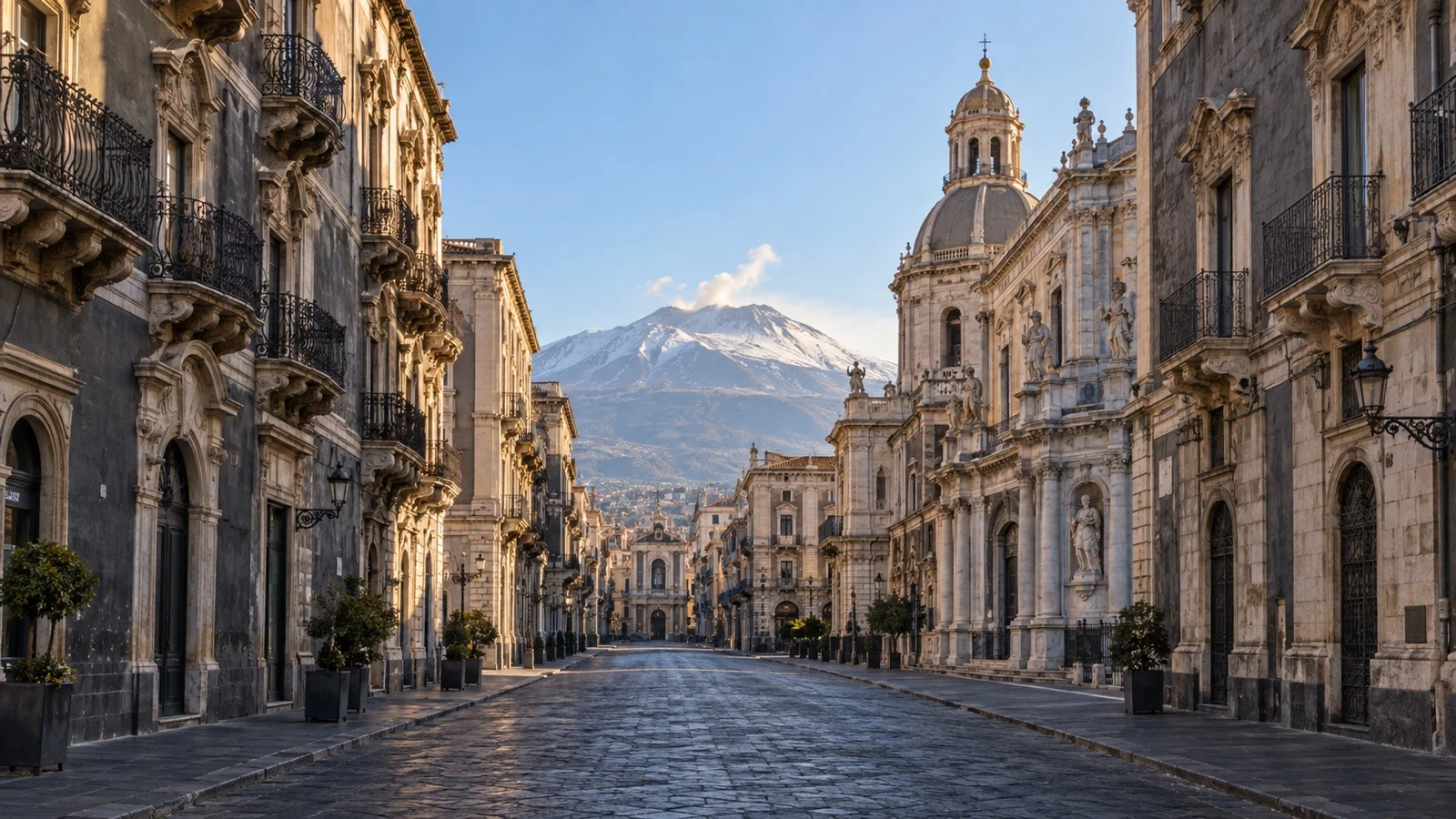 Quiet Via Etnea in Catania with baroque buildings and Mount Etna beyond
