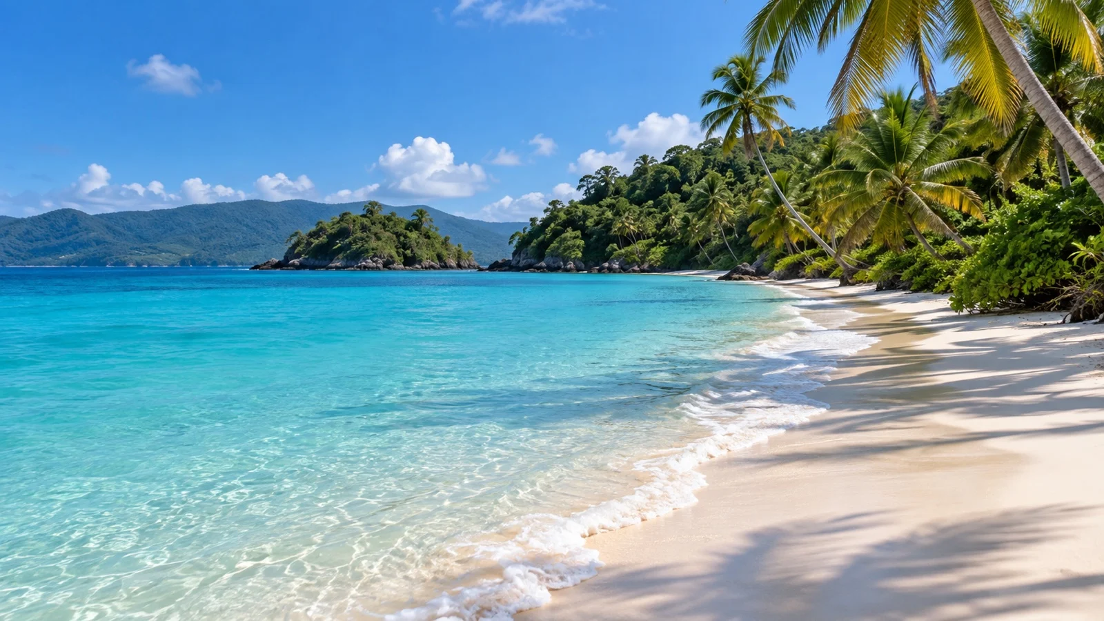 Empty palm-lined Cayo Levantado beach with turquoise water
