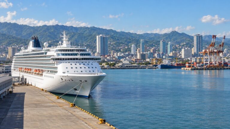 Cruise ship at Cebu City’s working harbor beneath port cranes
