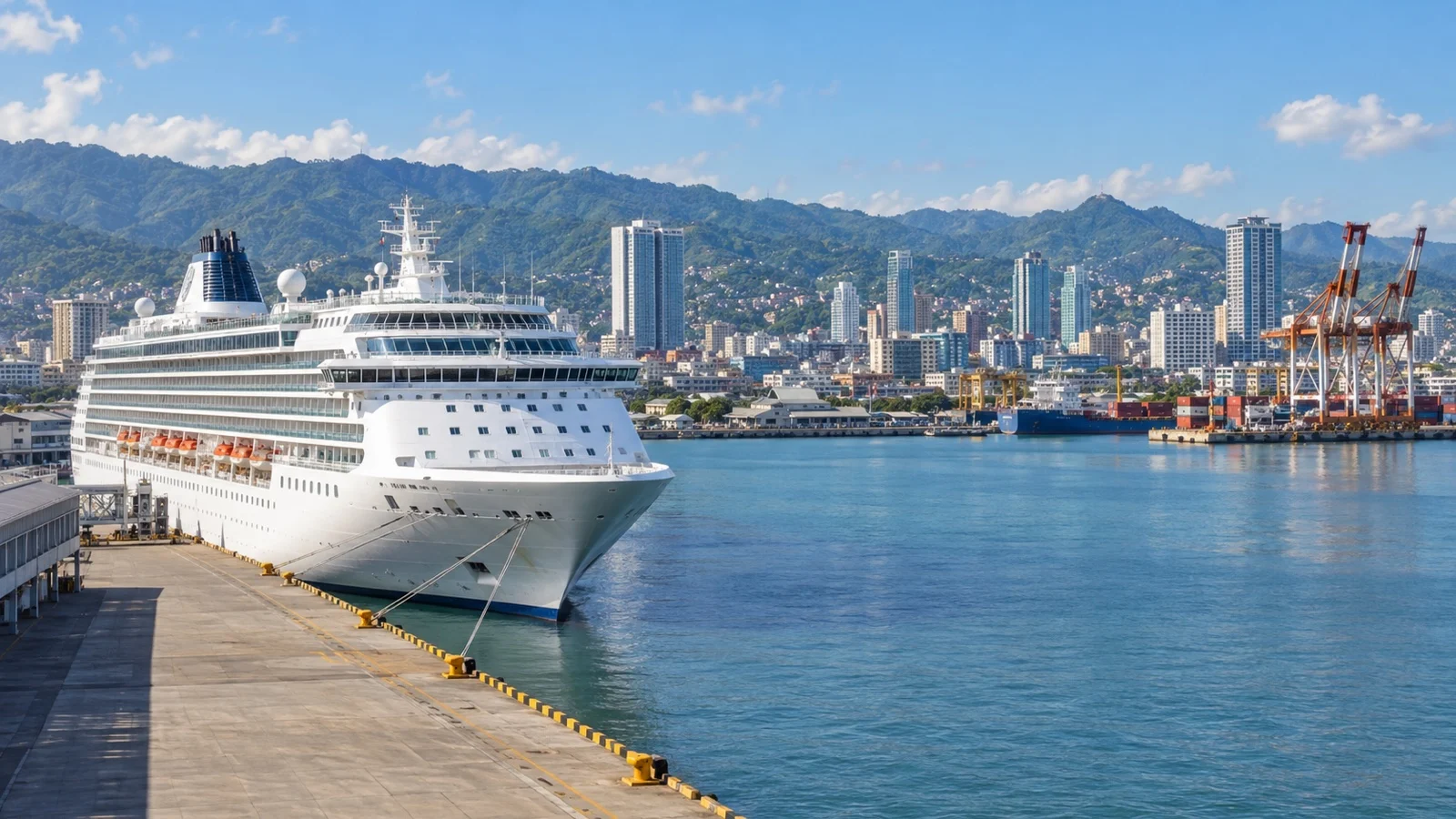 Cruise ship at Cebu City’s working harbor beneath port cranes