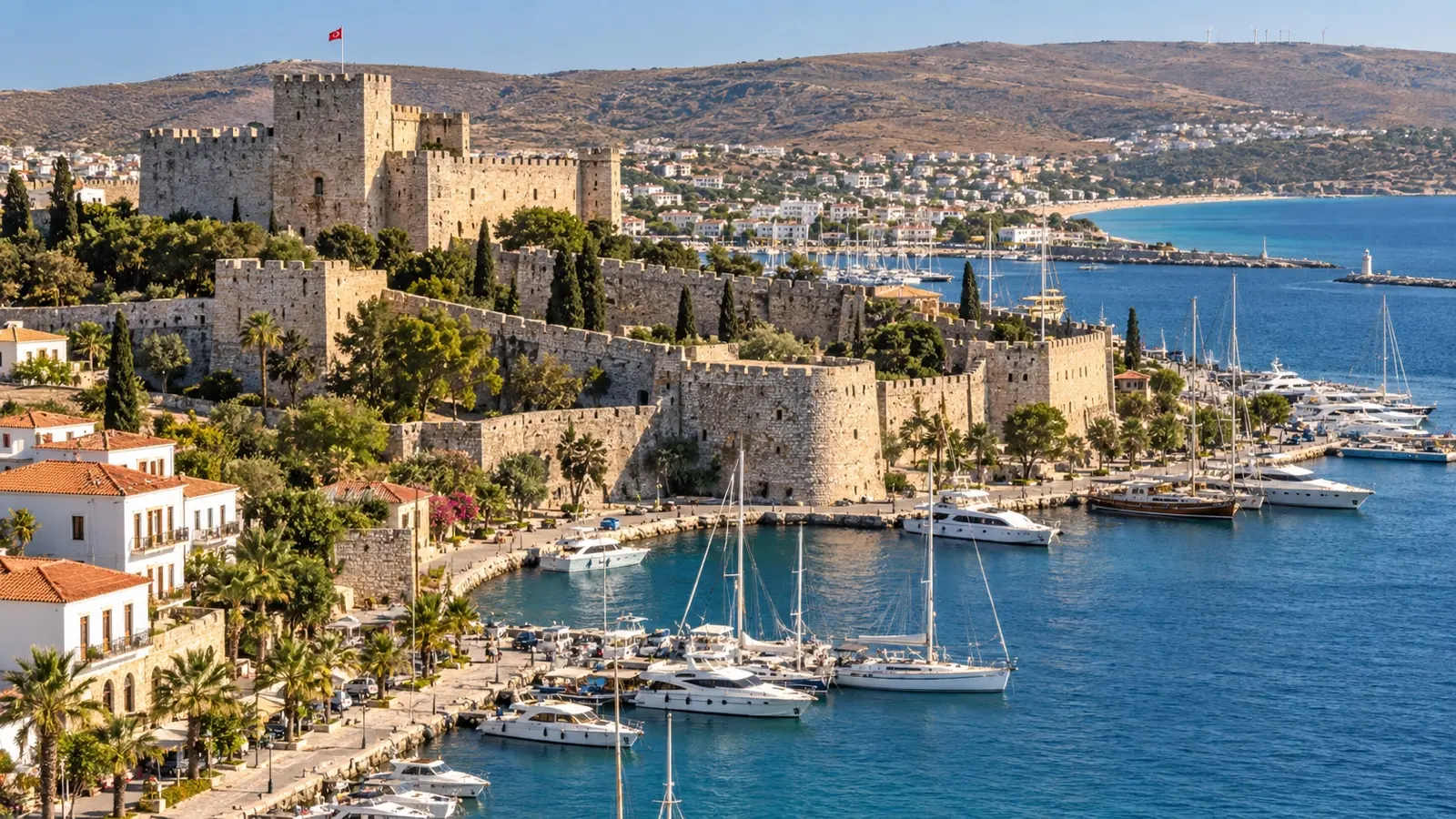 Stone ramparts of Çeşme Castle overlooking the marina