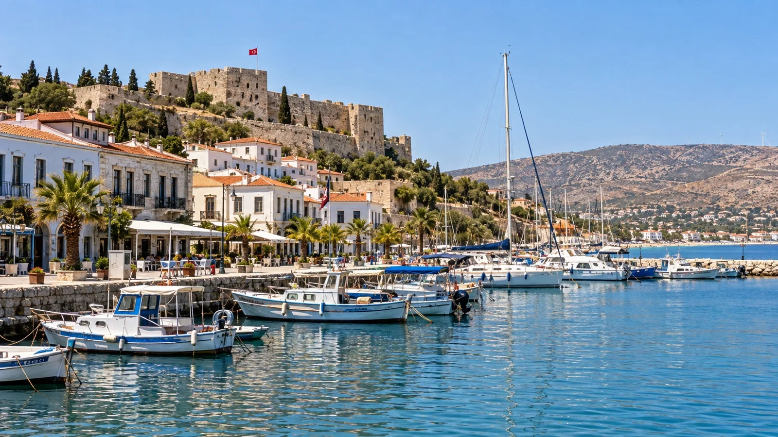 Small boats and pale stone buildings at Çeşme marina