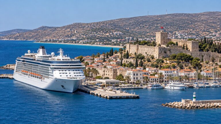 Cruise ship at Çeşme port beside castle and town