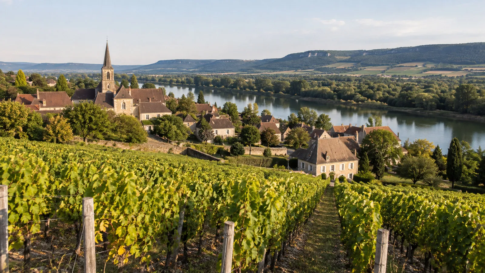 Burgundy vineyards and gentle countryside near Chalon-sur-Saone with vine rows and village, no people