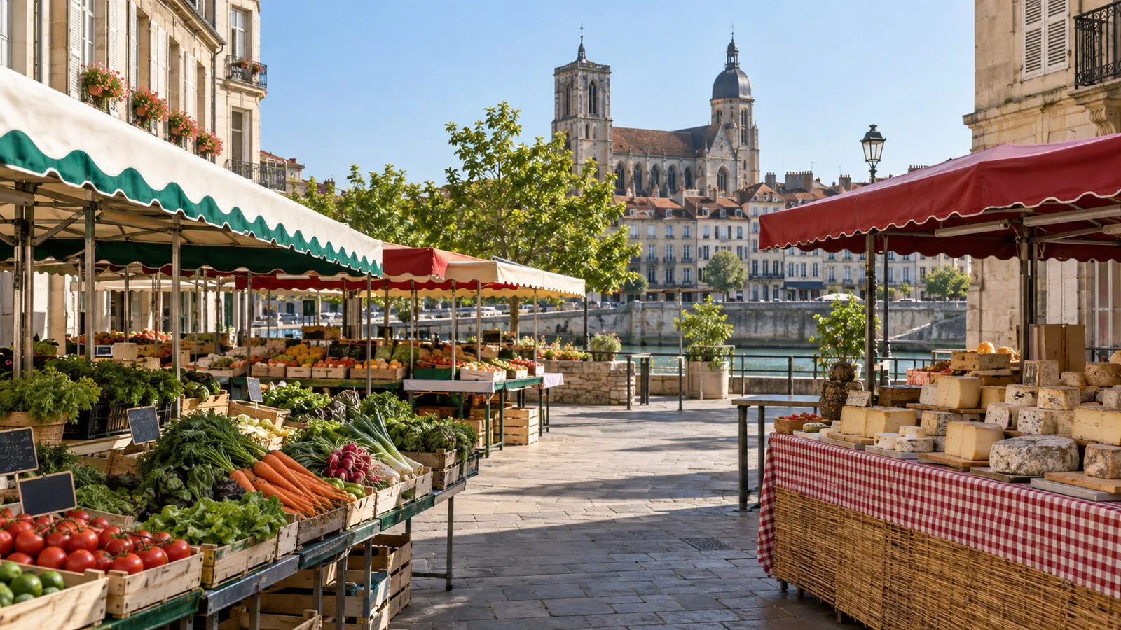 Chalon-sur-Saone traditional open-air food market stalls with produce, cheese and awnings, no vendors or shoppers