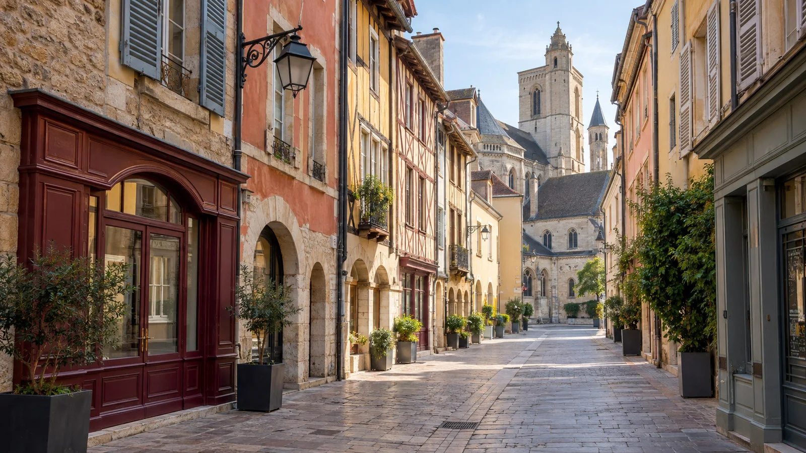 Historic center of Chalon-sur-Saone with narrow pedestrian street and colorful Burgundian buildings, no people