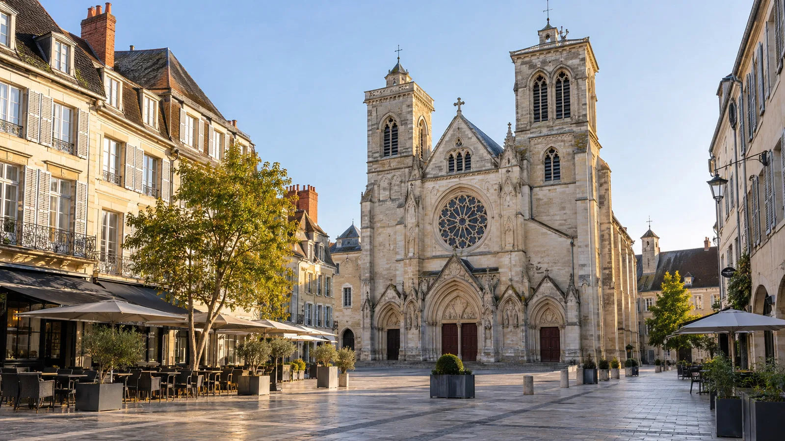 Saint-Vincent Cathedral and square in Chalon-sur-Saone Burgundy with stone facade and cafes, empty morning