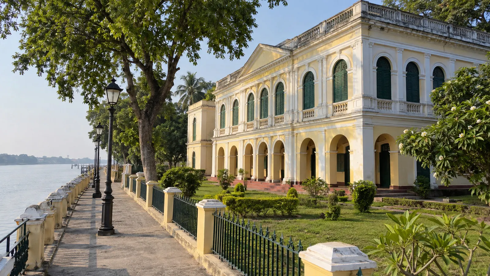 French colonial facade of Institut de Chandernagor museum on the Strand