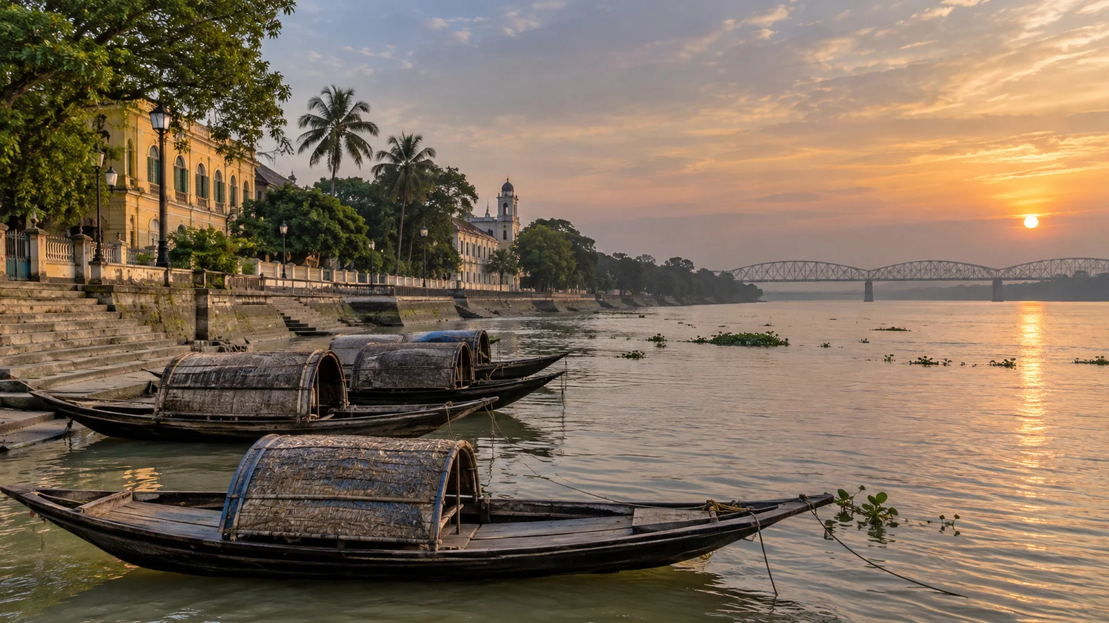 Traditional wooden boats on the Hooghly River viewed from Chandannagar