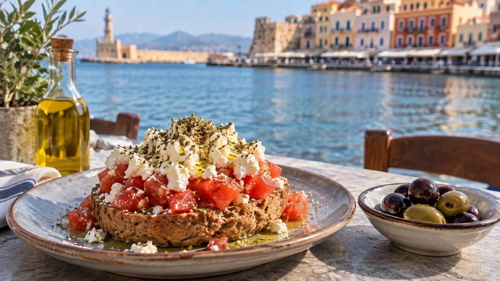 Cretan dakos with tomato, cheese and olives beside Chania harbor