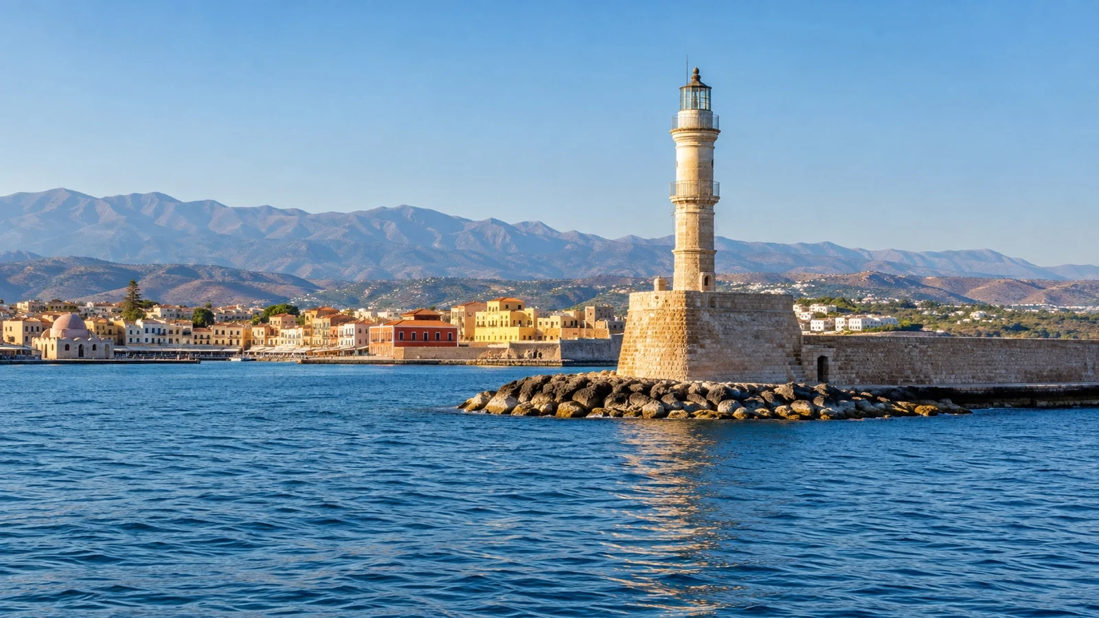 Chania lighthouse at the end of the Venetian Harbor breakwater