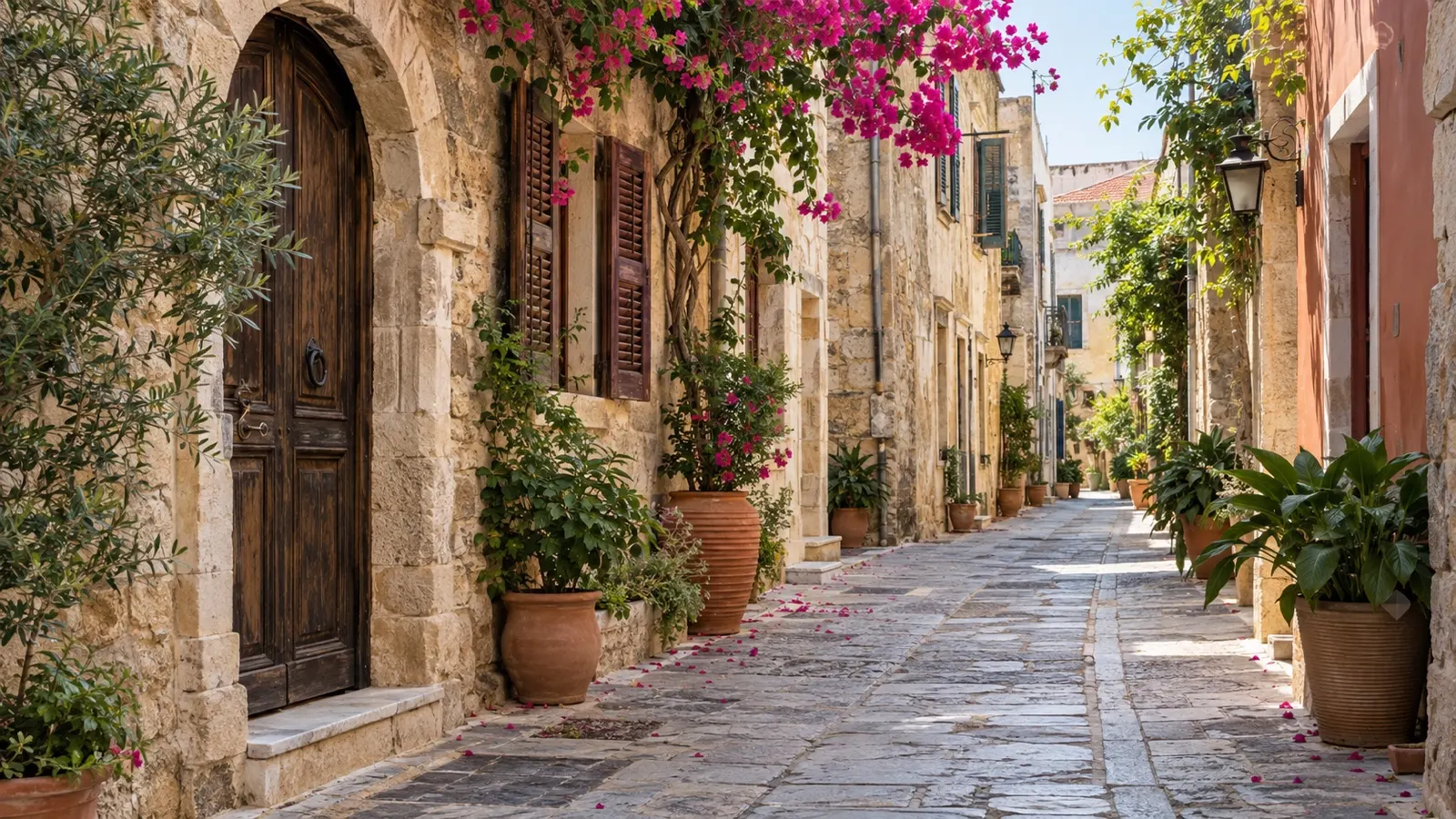 Empty stone lane with Venetian buildings and bougainvillea in Chania Old Town