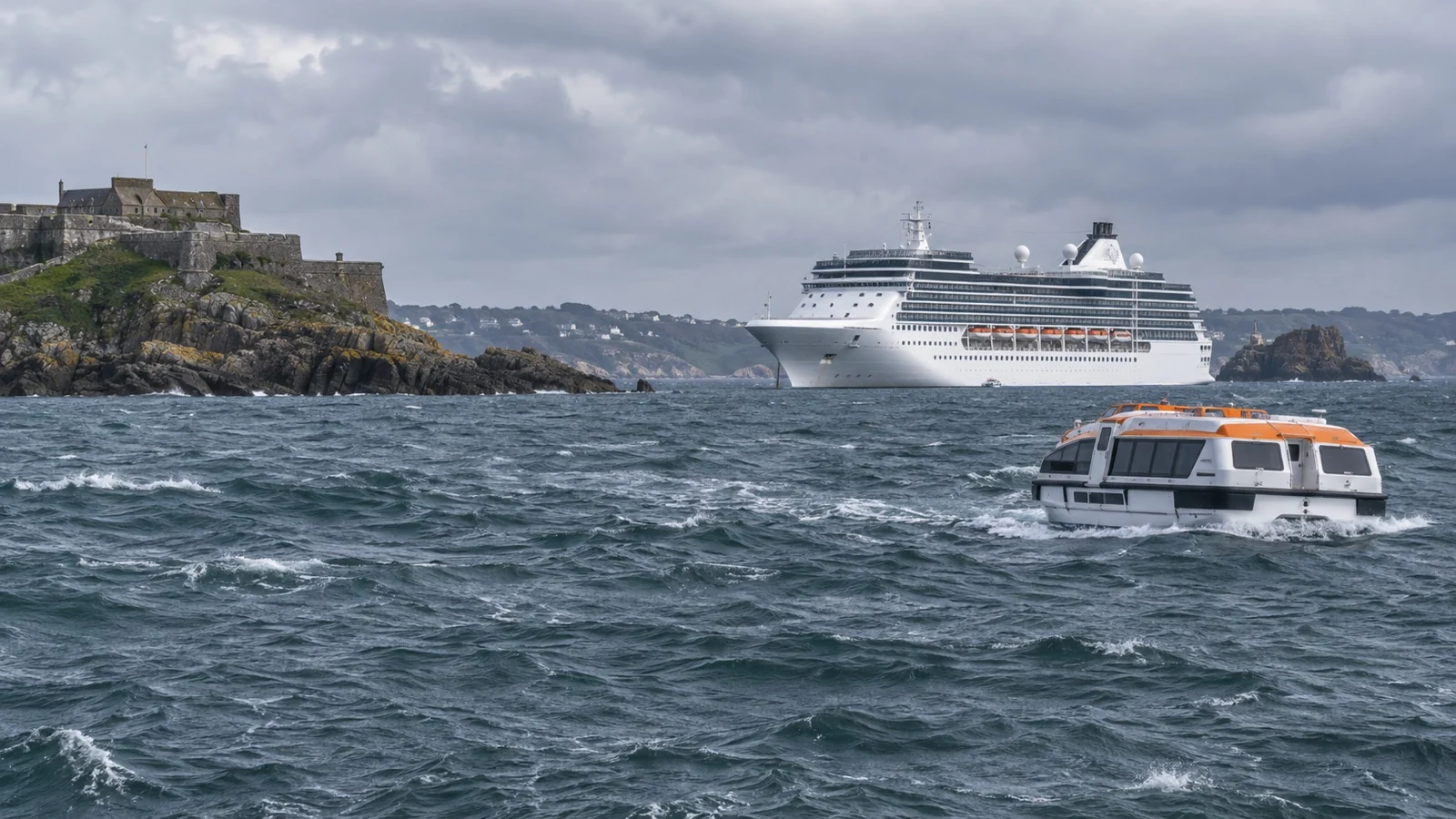 Cruise ship offshore in unsettled Channel Islands weather