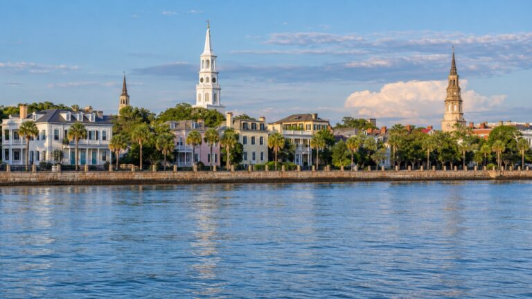 Historic Charleston skyline and church steeples across the harbor