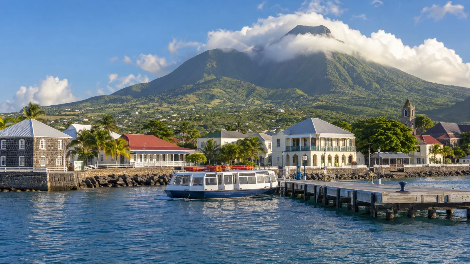 Charlestown waterfront beneath Nevis Peak