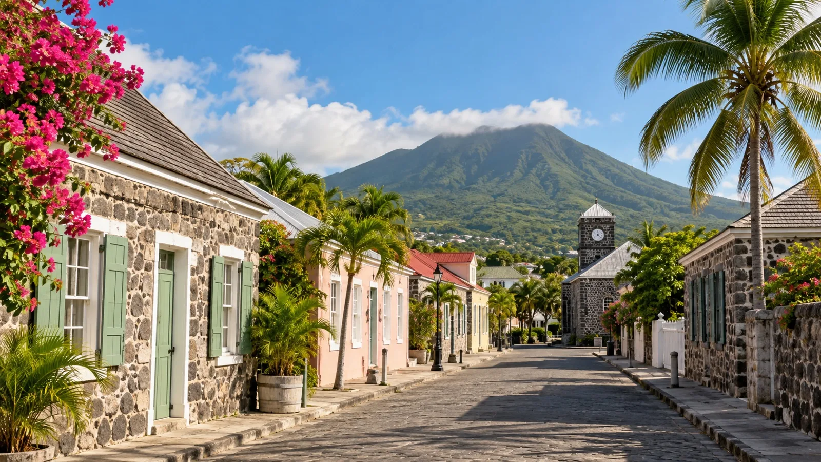 Quiet colonial streets and pastel buildings in Charlestown Nevis
