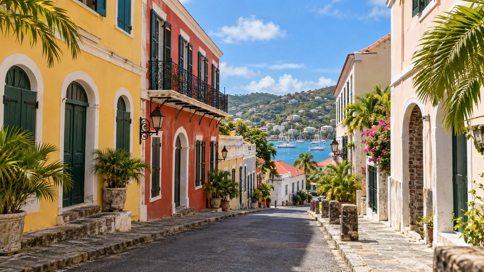 Downtown Charlotte Amalie street with colorful Caribbean hotel facades and Danish colonial architecture