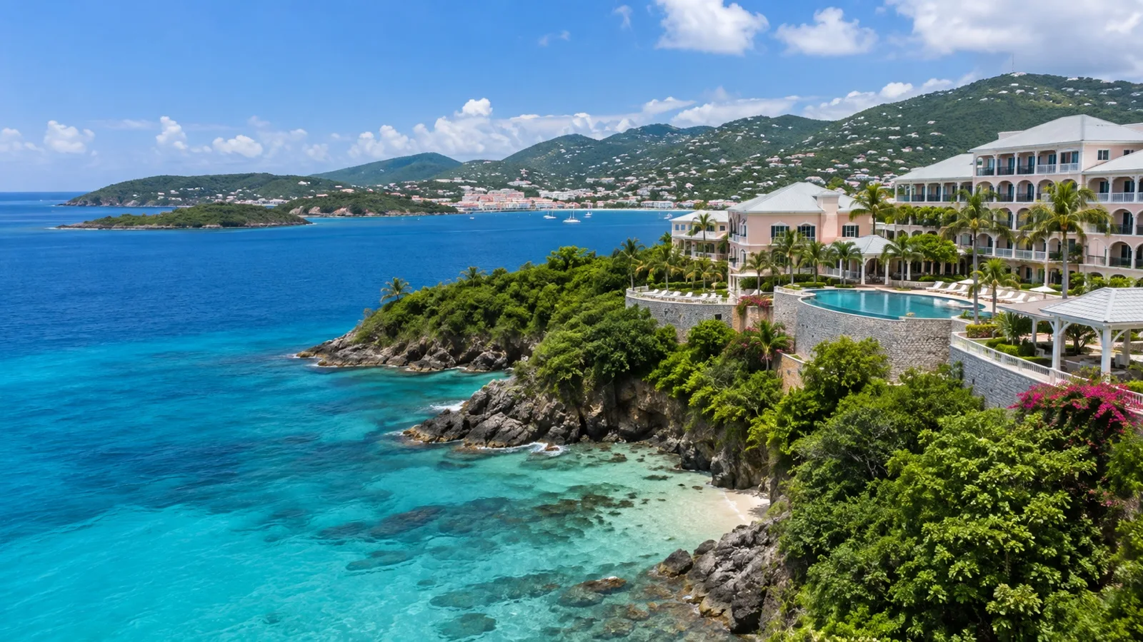 Frenchman's Reef coast on St. Thomas with upscale resort buildings overlooking turquoise Caribbean sea