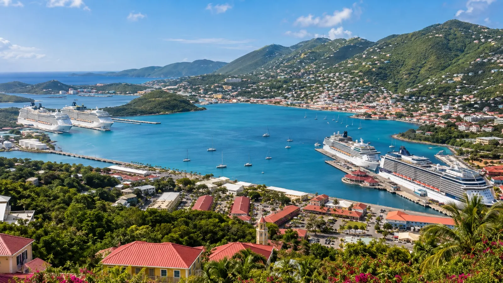 Panoramic Charlotte Amalie harbor with Havensight and Crown Bay cruise piers, town hotels and green hills