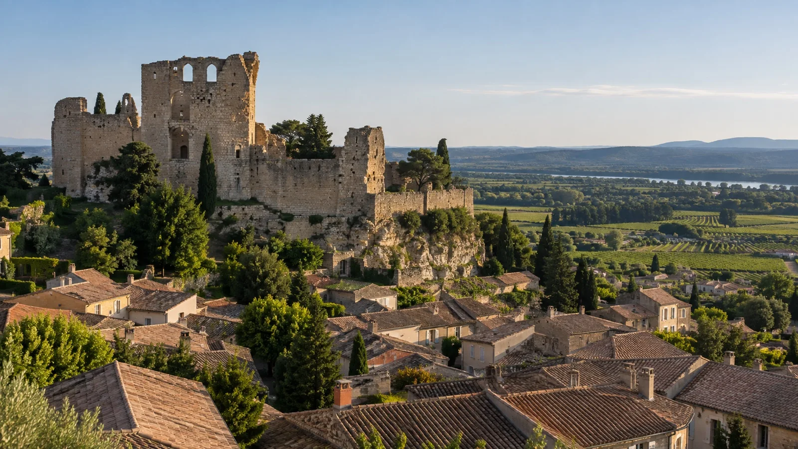Ruins of the medieval papal château above Châteauneuf-du-Pape village