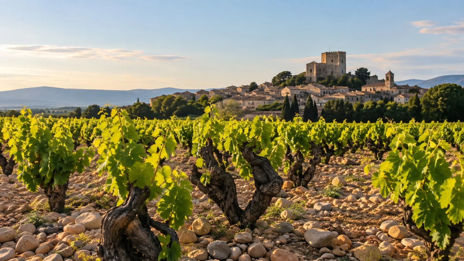 Old gnarled grape vines growing in stony Châteauneuf-du-Pape vineyards