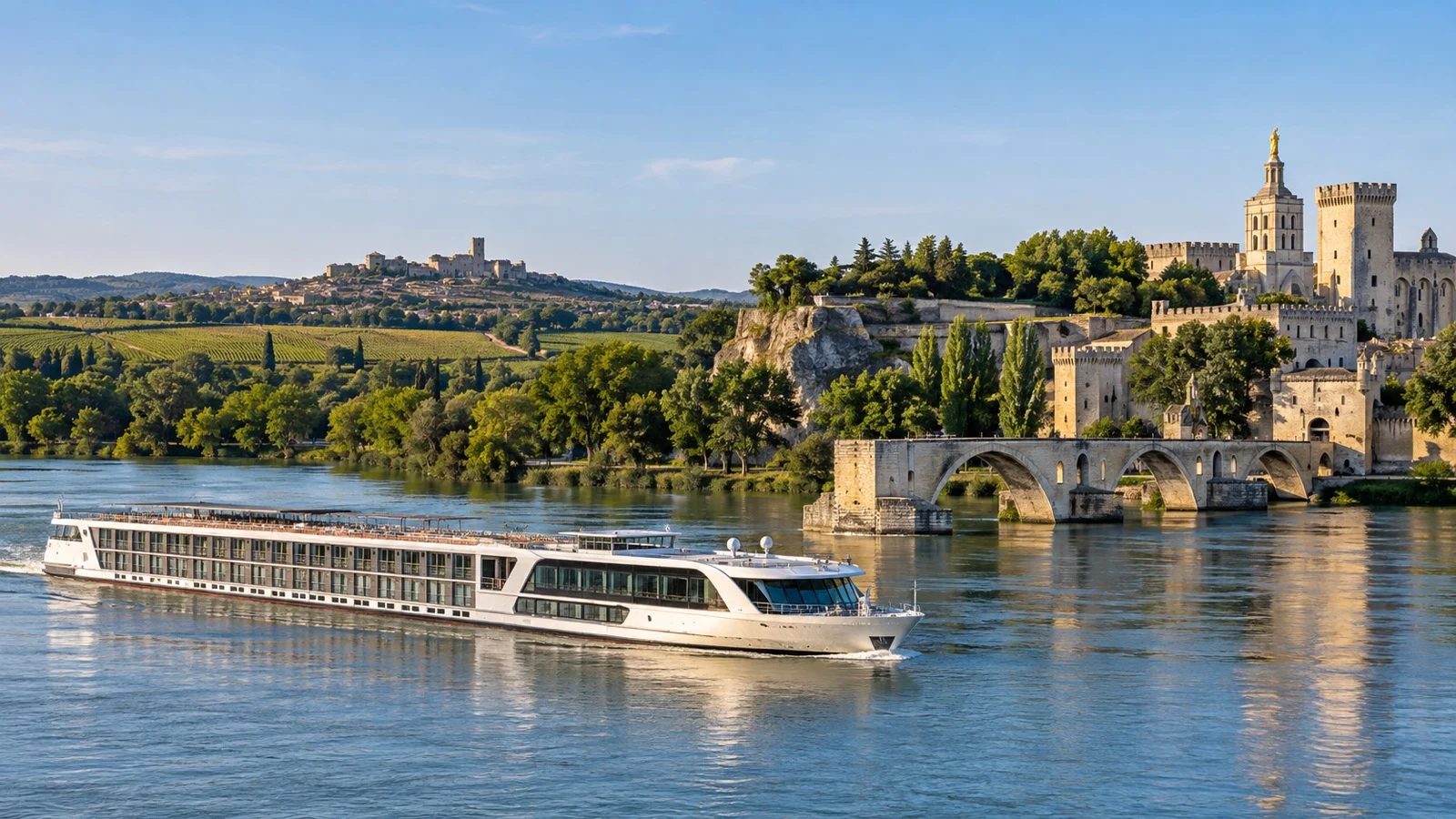 River cruise ship on the Rhône near Avignon with vineyards in the distance