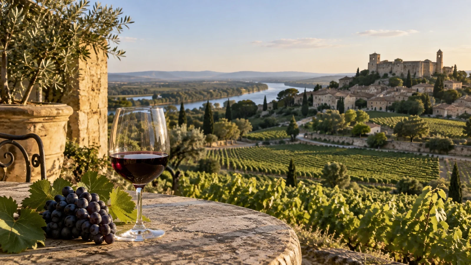 Unlabeled red wine glass and grapes on a winery table overlooking Rhône vineyards