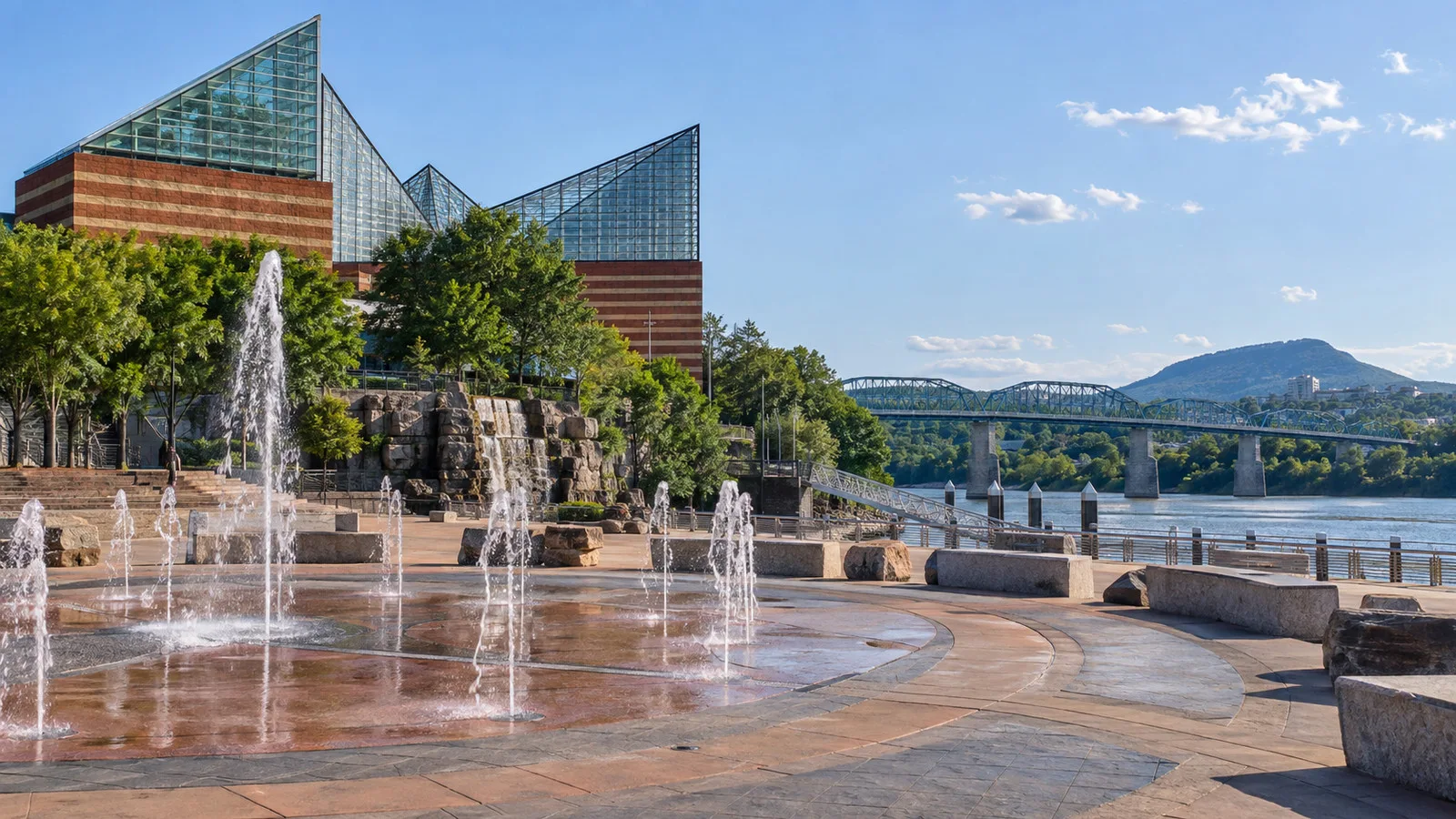 Ross's Landing plaza and fountains beside the Tennessee Aquarium in Chattanooga