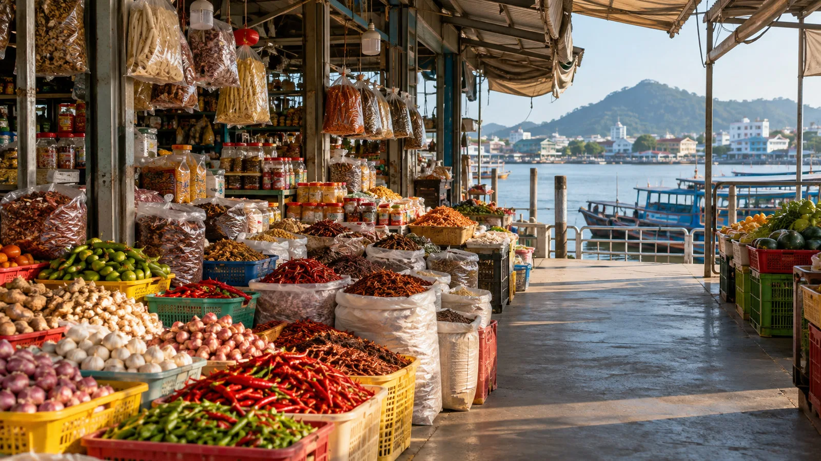 Colorful produce and spice stalls at Chau Doc market Vietnam with no vendors or shoppers, documentary scene