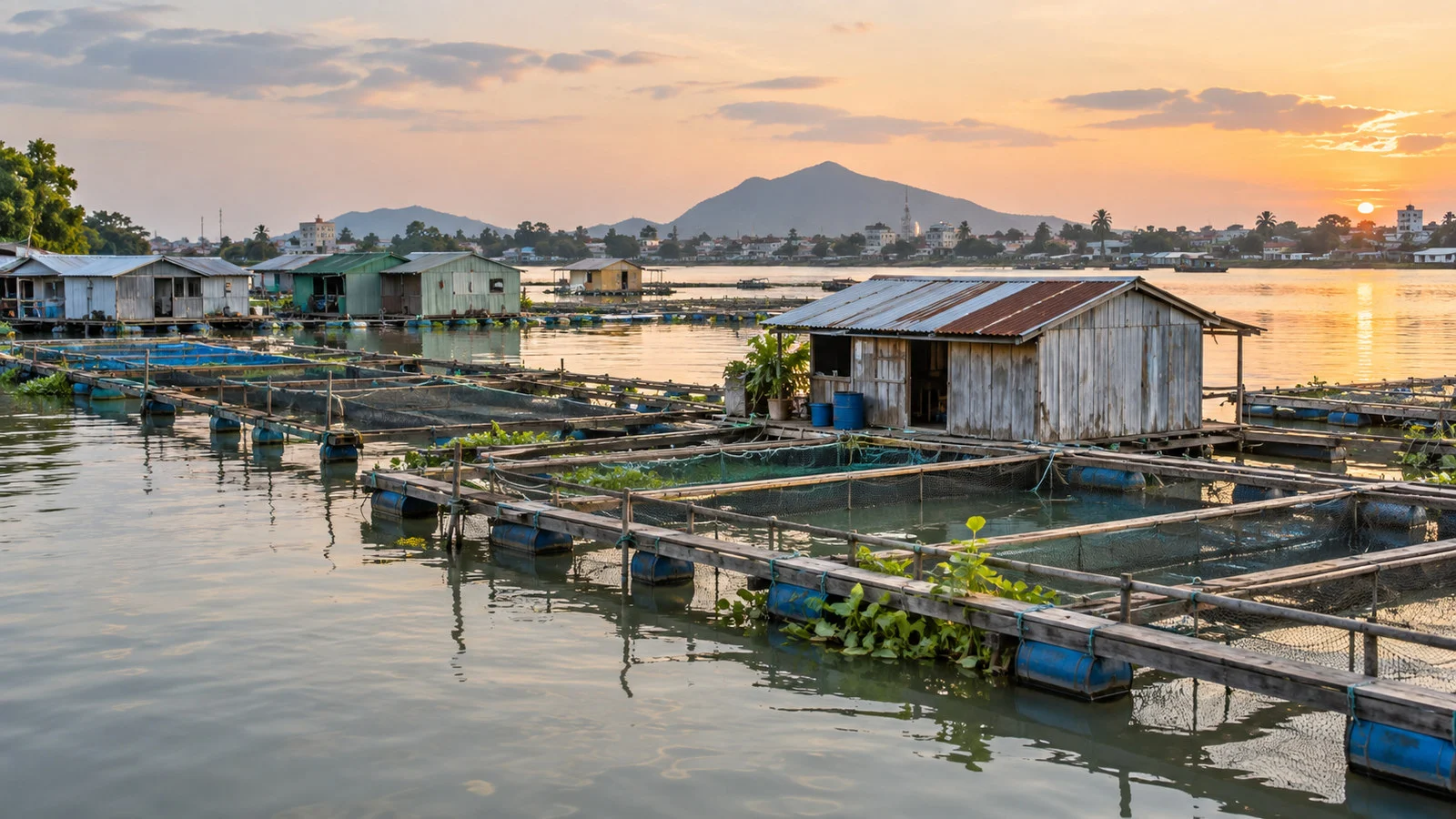Floating fish farm platforms and wooden house structures on river near Chau Doc Vietnam, no people