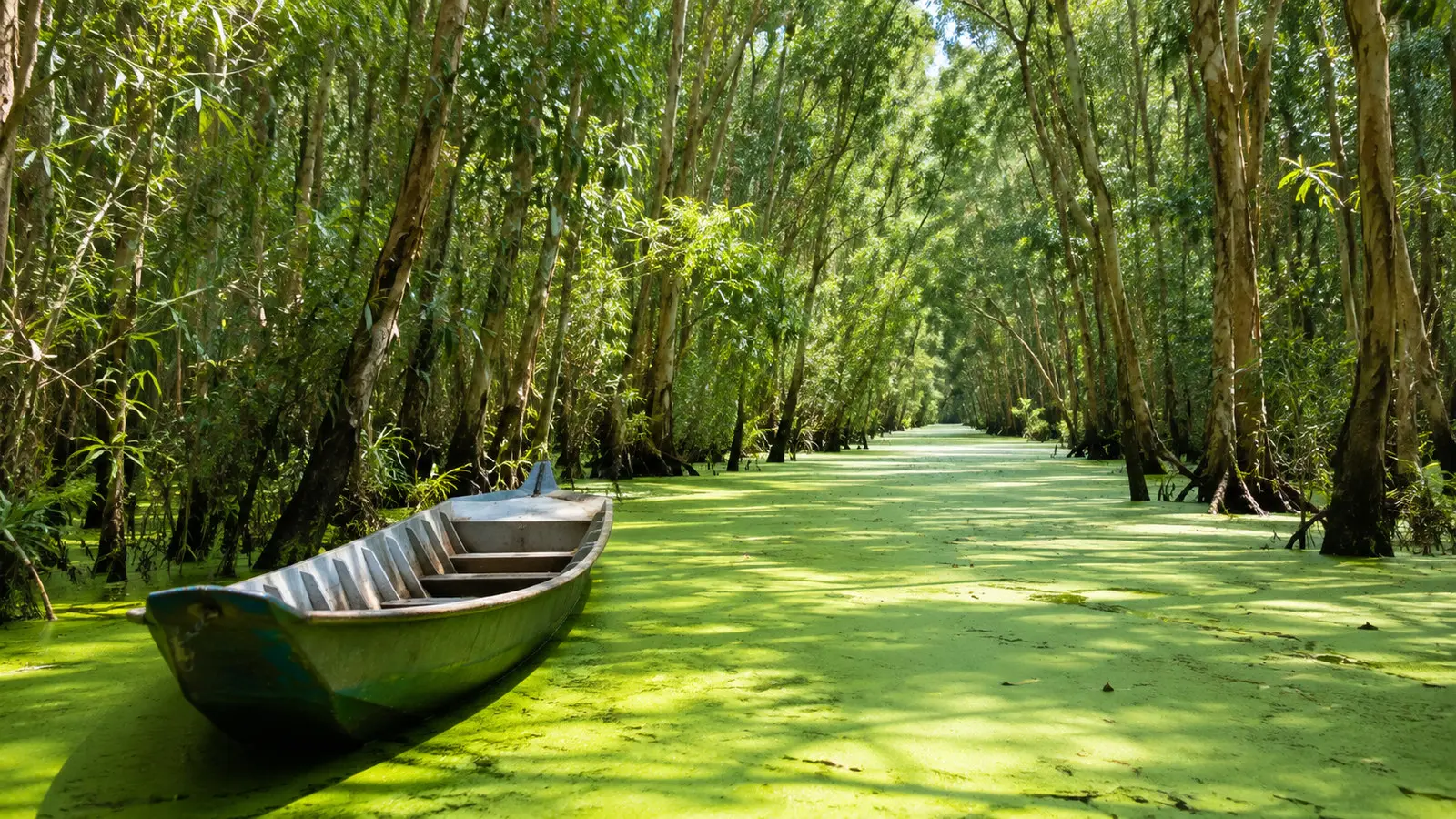 Tra Su cajuput forest near Chau Doc Vietnam, narrow green waterway covered in duckweed among dense trees, empty boat