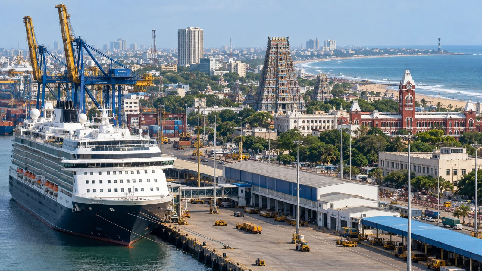 Cruise ship at Chennai working port beside the city