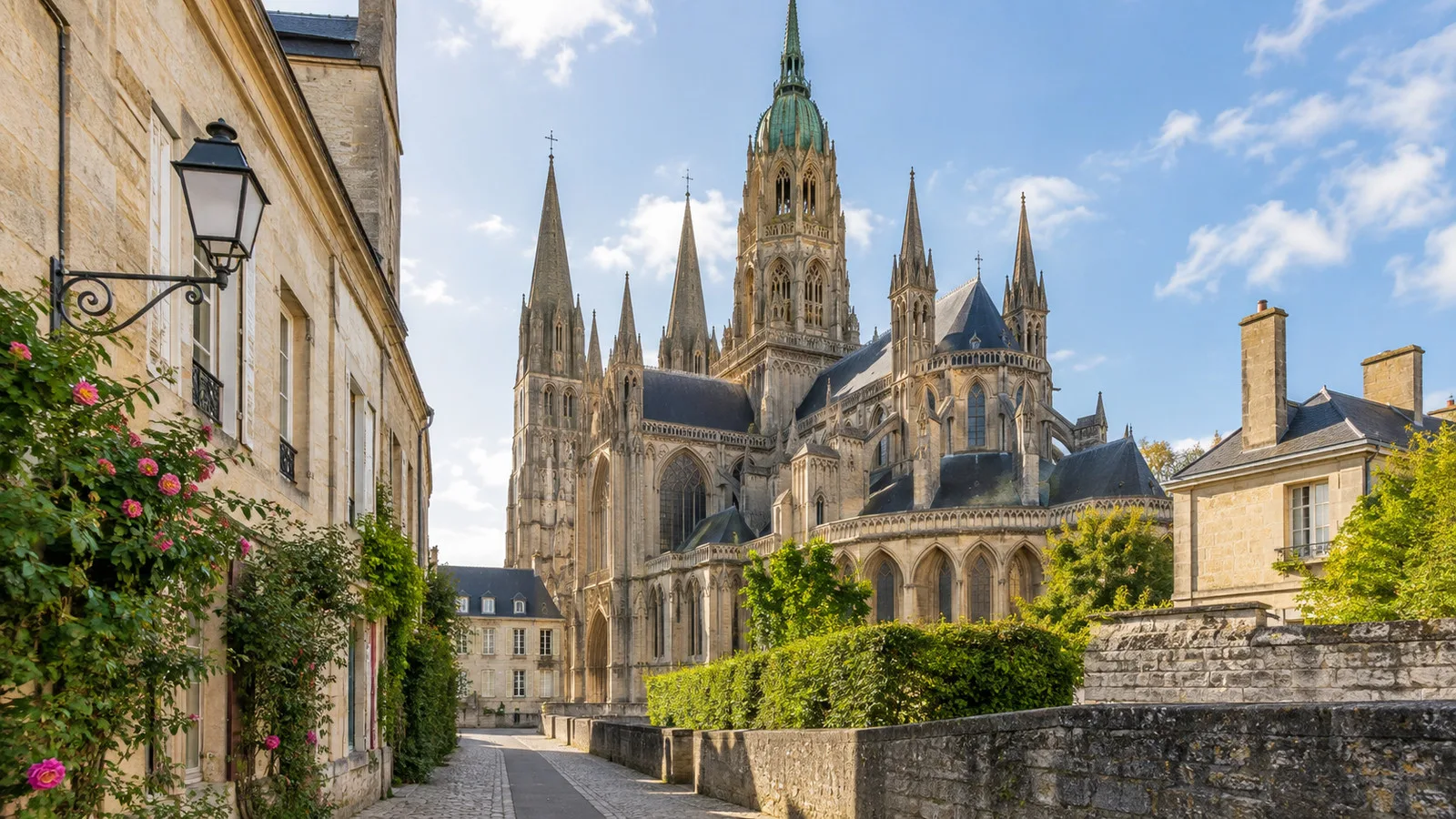 Gothic Bayeux Cathedral beside Normandy streets