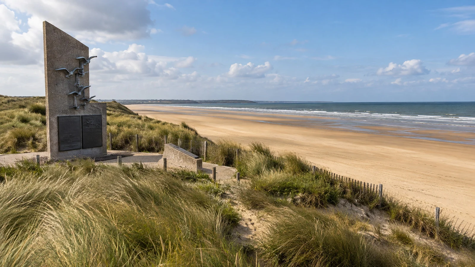 Utah Beach dunes and World War II memorial in Normandy