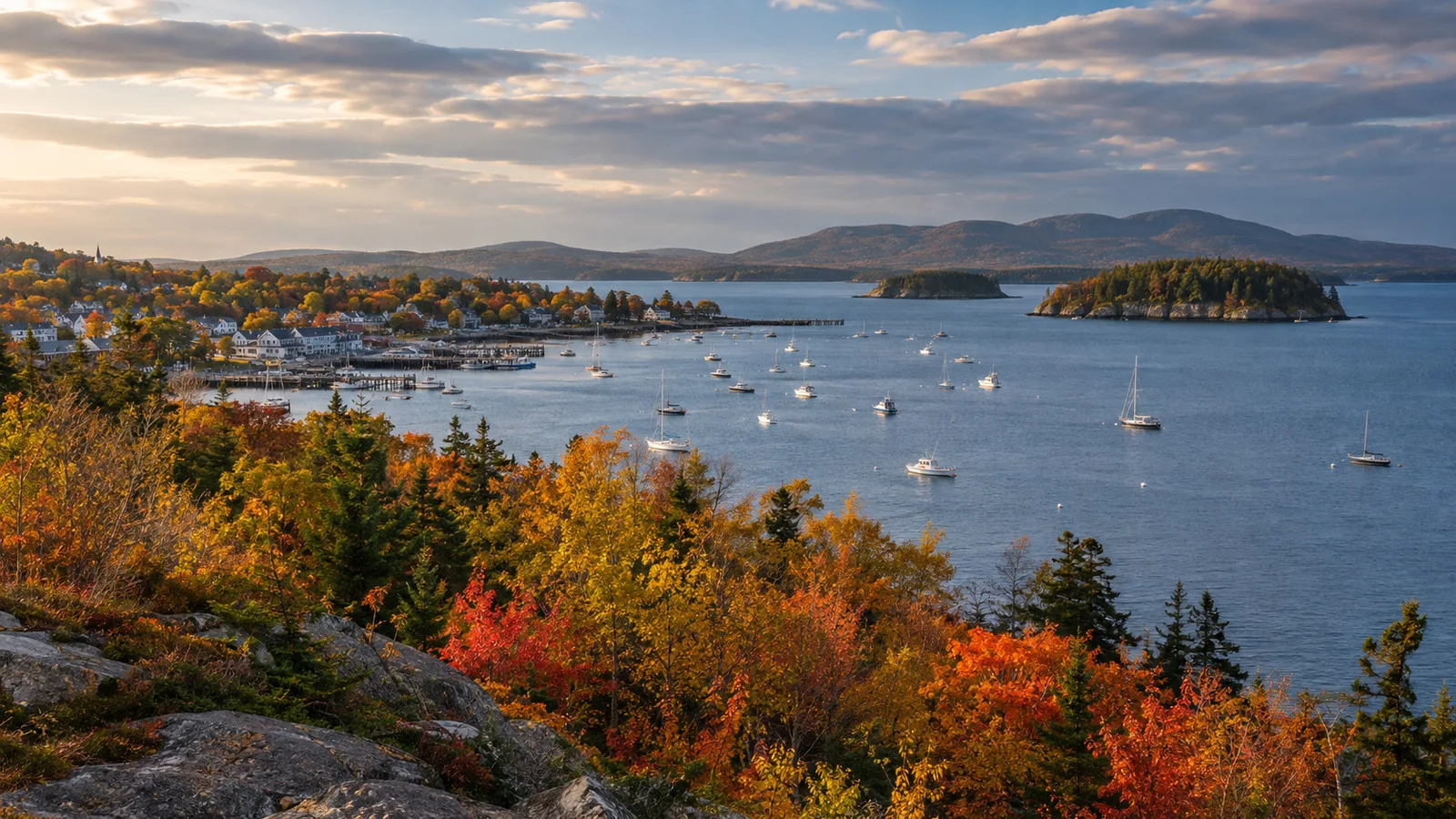 Autumn foliage above Bar Harbor Maine waterfront