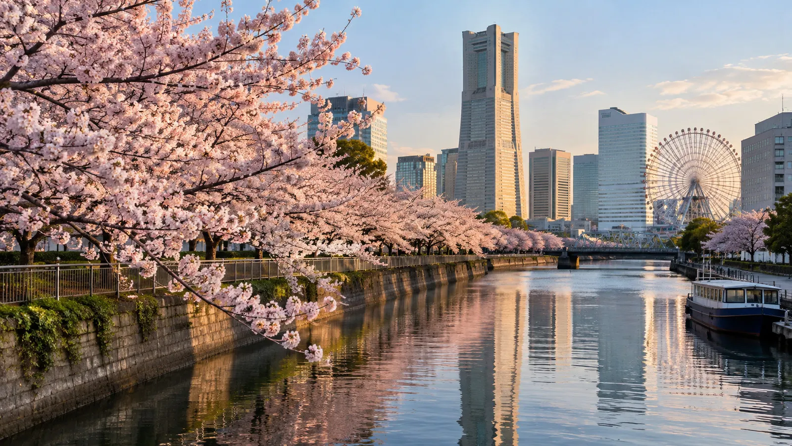 Cherry blossom trees along a canal in Yokohama Japan