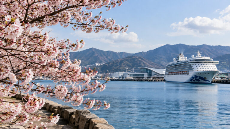 Early cherry blossoms opening beside a Japanese cruise port