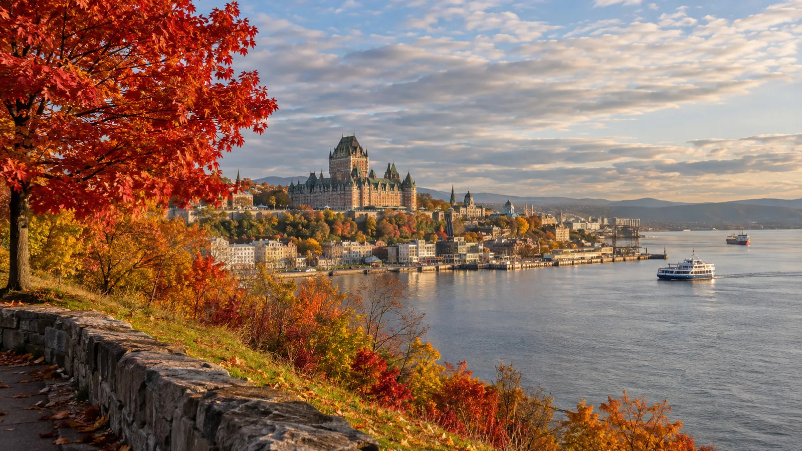 Red and gold autumn trees along Quebec City waterfront