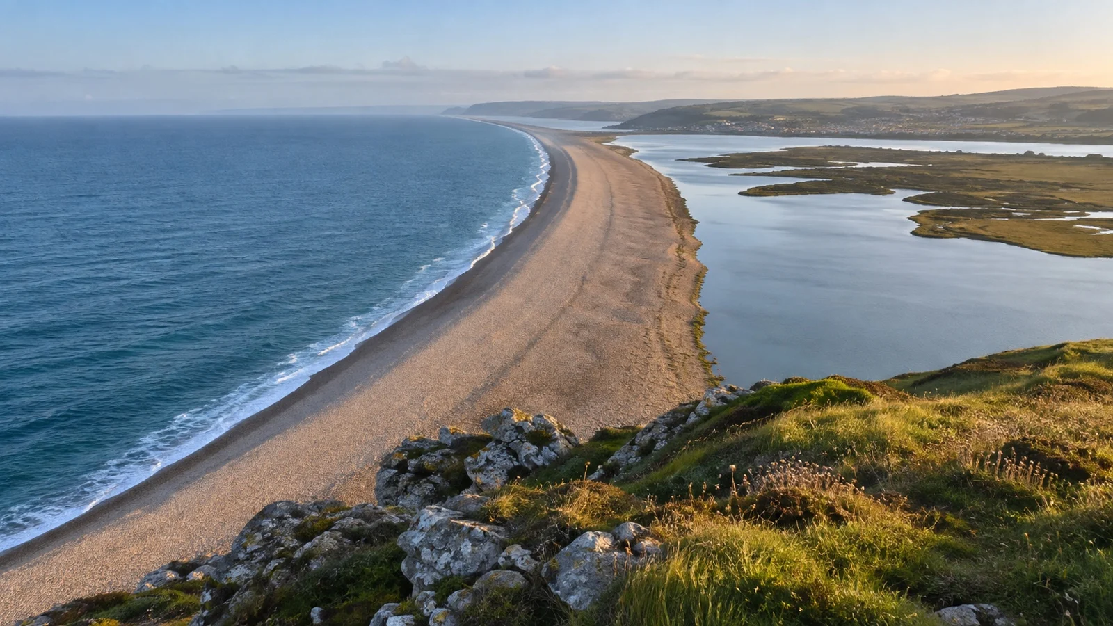 Chesil Beach shingle barrier and Fleet Lagoon in Dorset