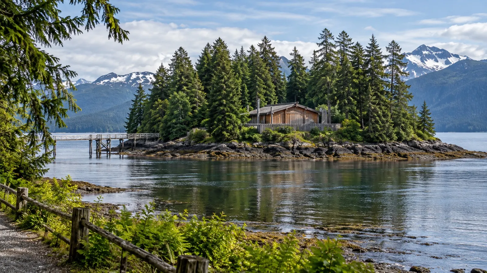 Cedar tribal house and forest on Chief Shakes Island in Wrangell