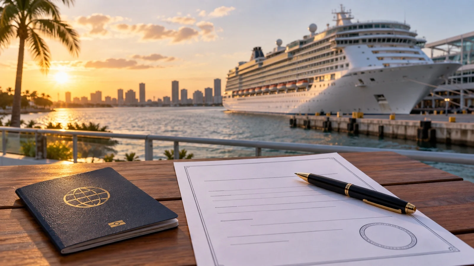 Blank notarized-style child travel consent form with pen and passport, no readable text