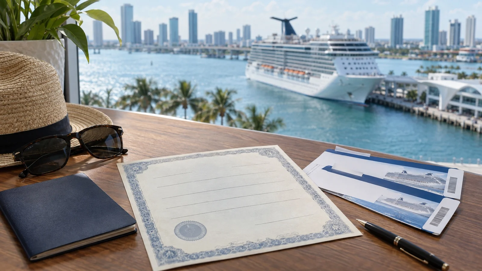 Blank child citizenship document and family cruise tickets on a desk, no readable text