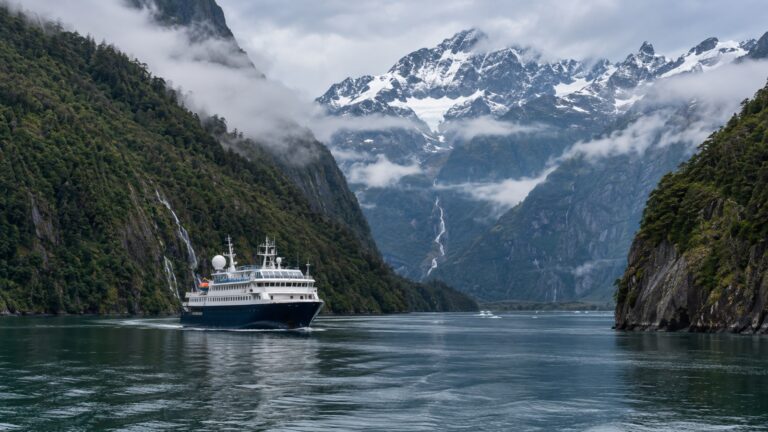 Small expedition ship cruising a Patagonian fjord
