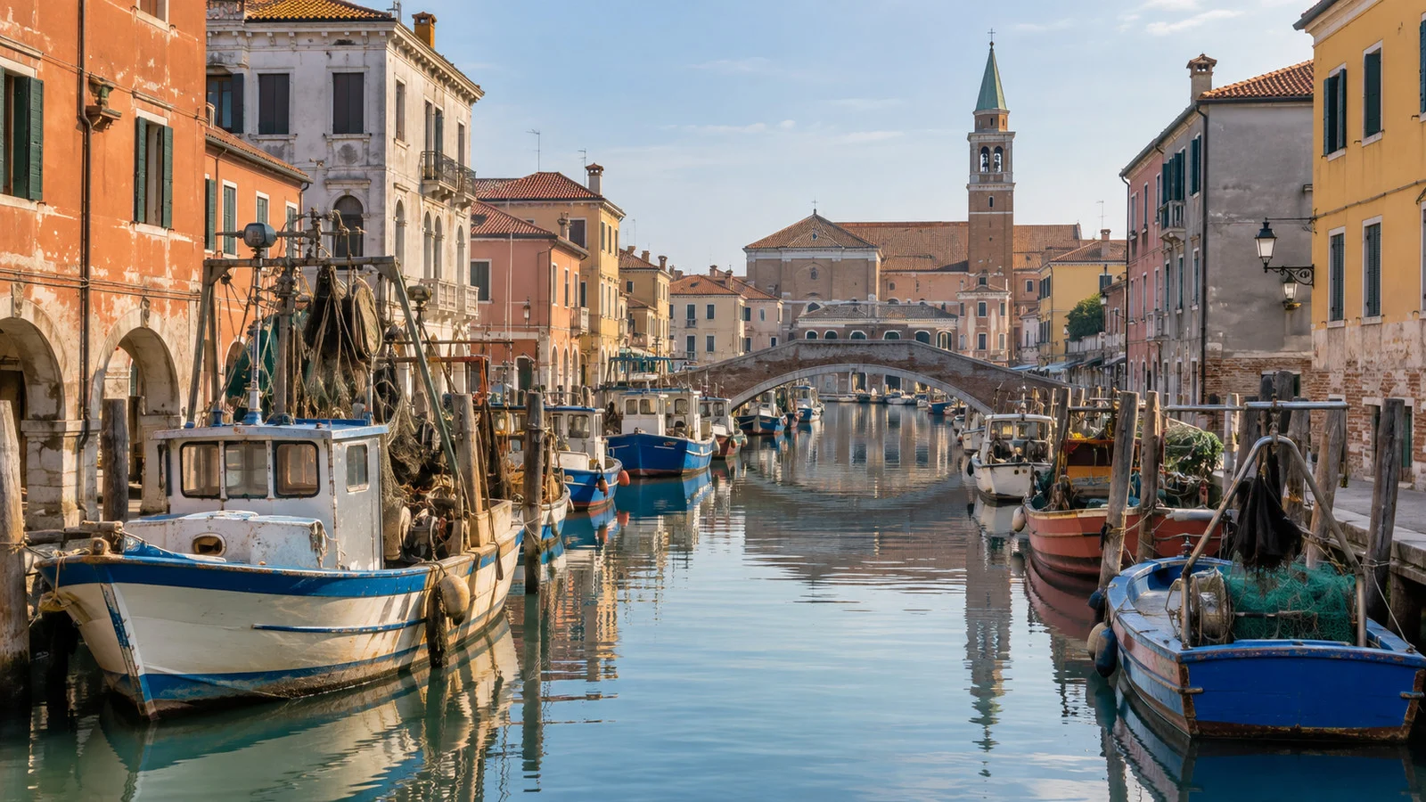 a quiet canal in Chioggia lined with colorful fishing boats and arched bridge