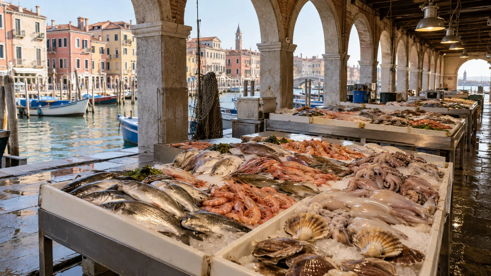 Chioggia's fish market stalls with fresh Adriatic seafood under a covered market, no people
