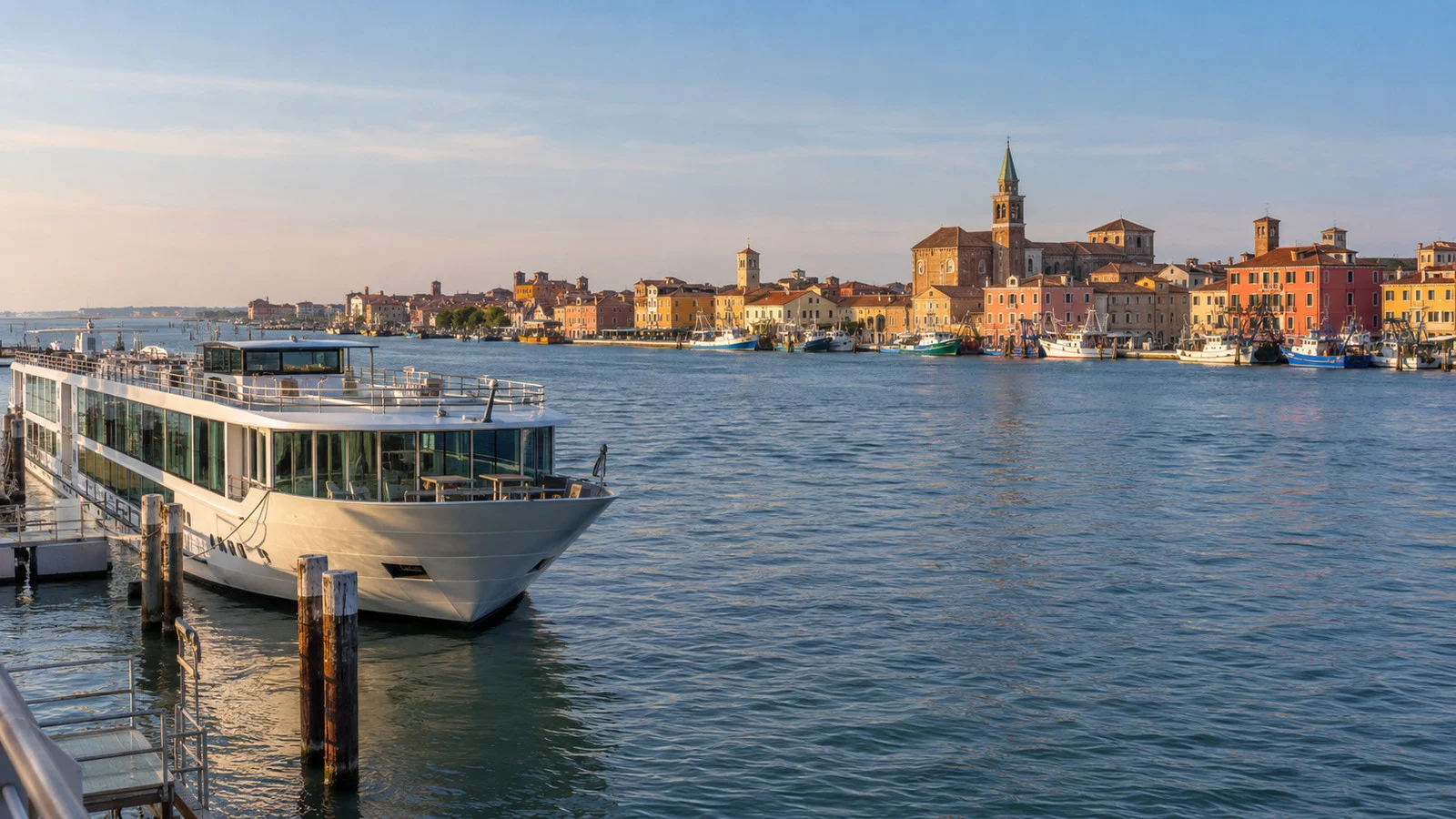 Small river cruise vessel moored on the Chioggia lagoon waterfront