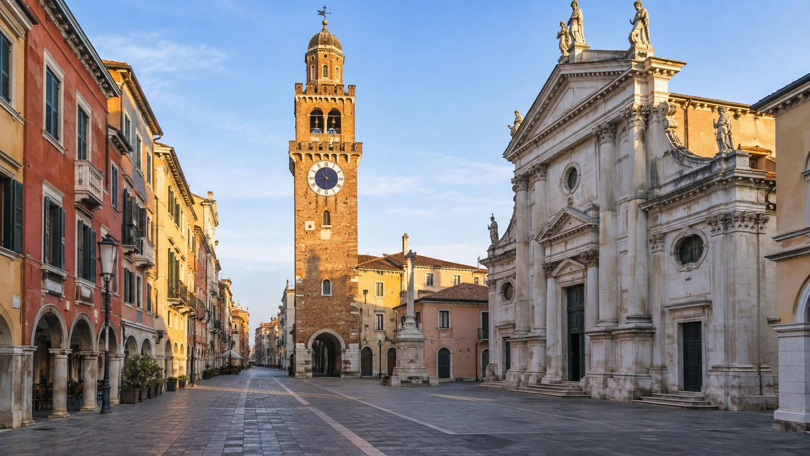 the clock tower and historic church facades along Chioggia's Corso del Popolo, empty street