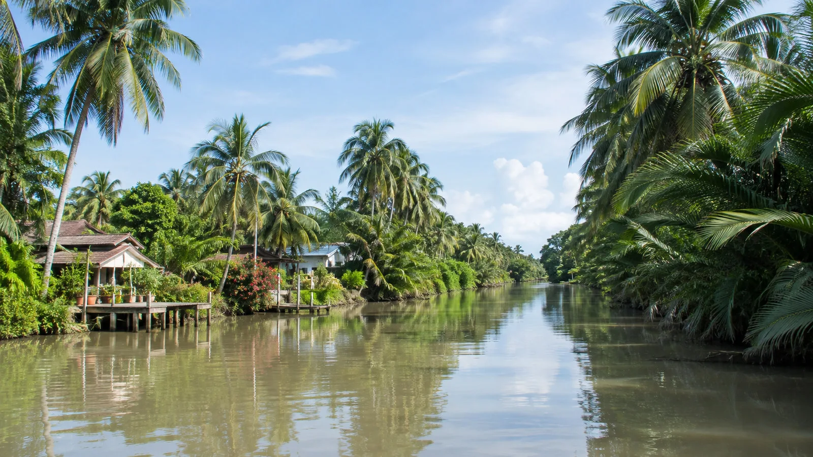 Palm-lined waterway on Saigon-to-Mekong route