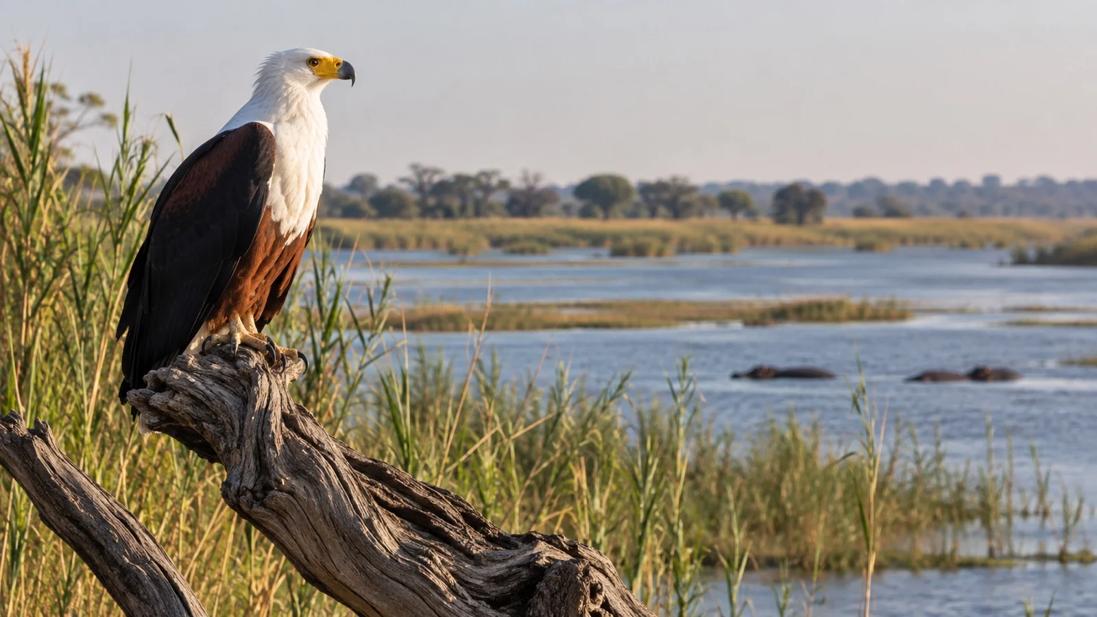 African fish eagle above Chobe River wetlands